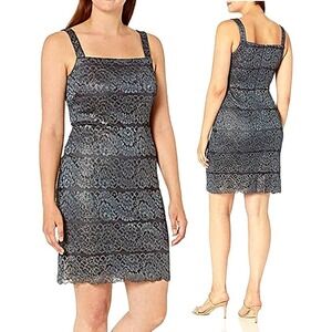 Jessica Howard NEW Lace Panel Sleeveless Sheath Dress Charcoal Gold Metallic 14P